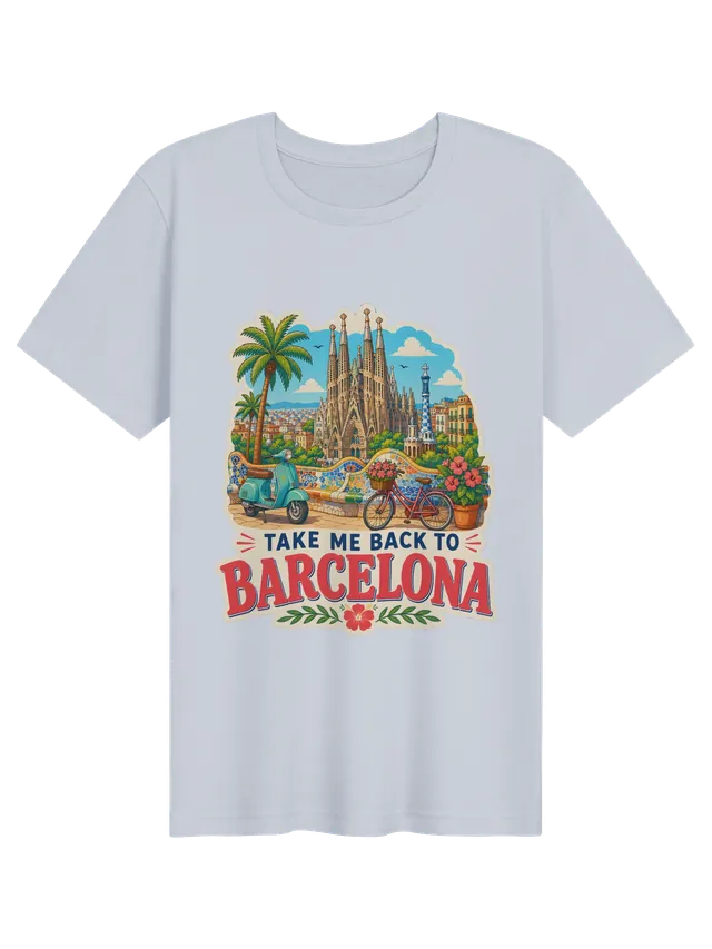 Take Me Back To Barcelona t-shirt with Sagrada Família spires, a Park Güell mosaic bench and a scooter, by LOLsies