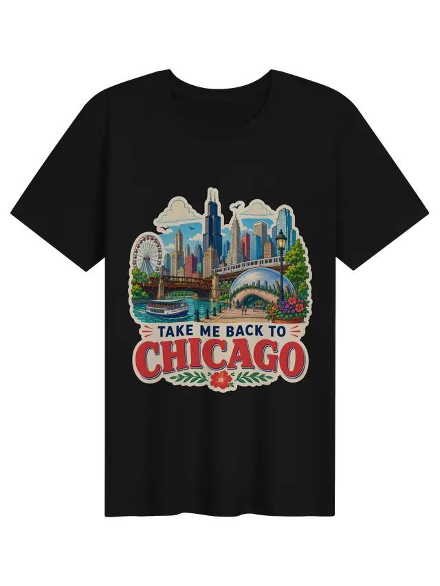 Take Me Back To Chicago t-shirt with the Bean, the elevated train, a river tour boat and the skyline, by LOLsies