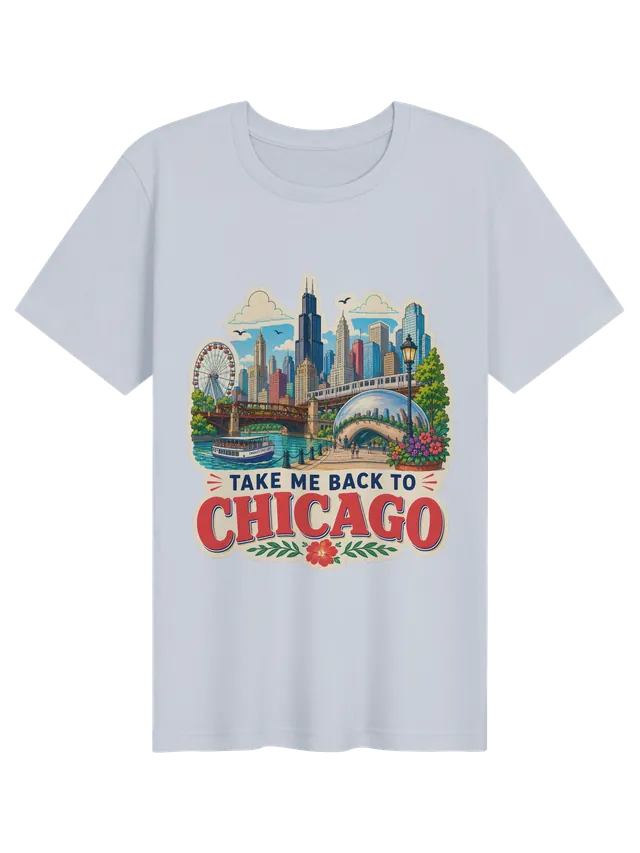 Take Me Back To Chicago t-shirt with the Bean, the elevated train, a river tour boat and the skyline, by LOLsies