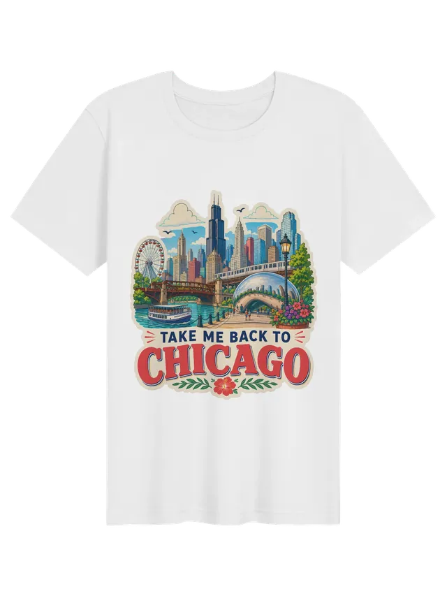 Take Me Back To Chicago t-shirt with the Bean, the elevated train, a river tour boat and the skyline, by LOLsies