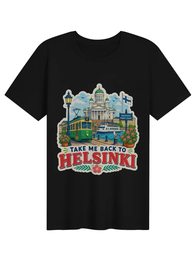 Take Me Back To Helsinki t-shirt with a green tram, the white cathedral, a ferry and a seagull, by LOLsies