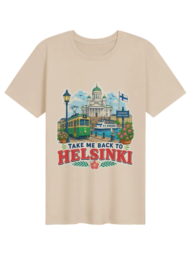 Take Me Back To Helsinki t-shirt with a green tram, the white cathedral, a ferry and a seagull, by LOLsies