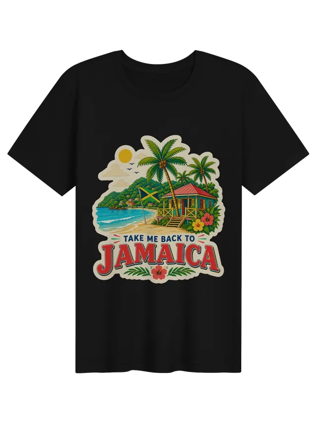 Take Me Back To Jamaica t-shirt with the Jamaican flag, a beach cottage, palms and a hillside cove, by LOLsies