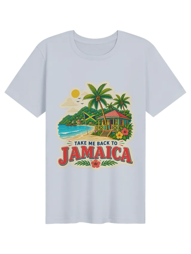 Take Me Back To Jamaica t-shirt with the Jamaican flag, a beach cottage, palms and a hillside cove, by LOLsies