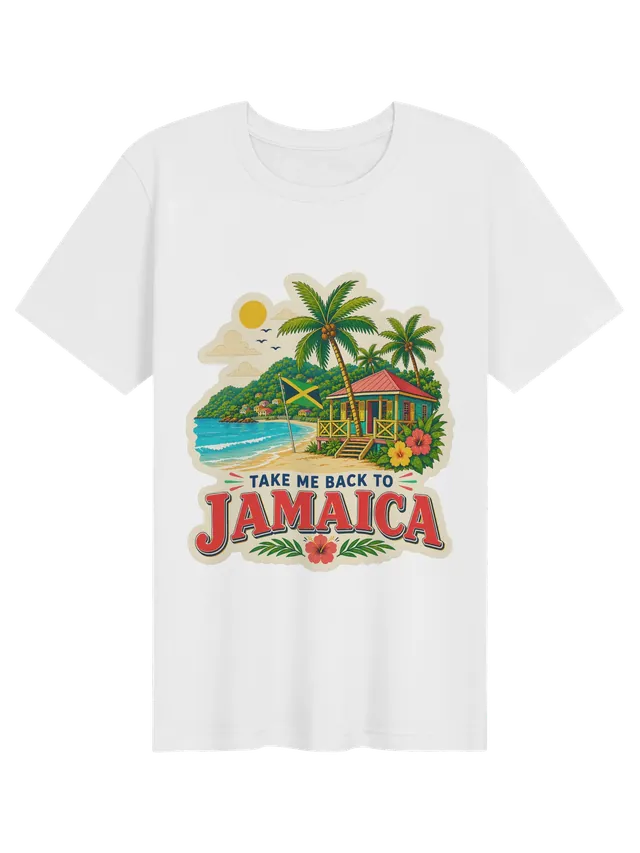 Take Me Back To Jamaica t-shirt with the Jamaican flag, a beach cottage, palms and a hillside cove, by LOLsies