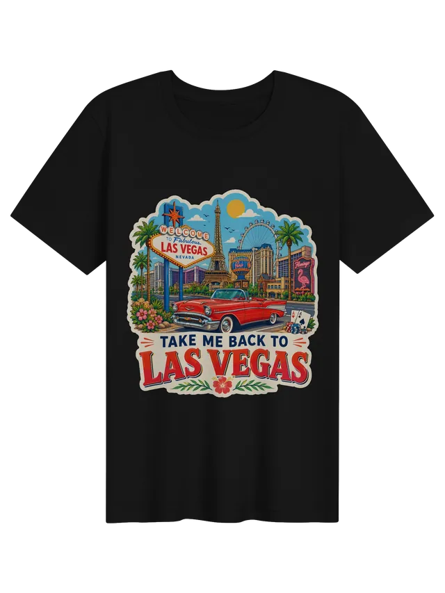 Take Me Back To Las Vegas t-shirt with the welcome sign, a mini Eiffel Tower, neon and a red convertible, by LOLsies