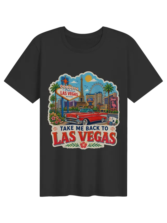 Take Me Back To Las Vegas t-shirt with the welcome sign, a mini Eiffel Tower, neon and a red convertible, by LOLsies