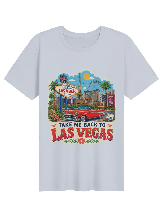 Take Me Back To Las Vegas t-shirt with the welcome sign, a mini Eiffel Tower, neon and a red convertible, by LOLsies