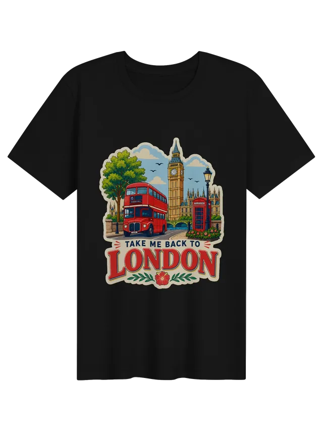 Take Me Back To London t-shirt with Big Ben, a red double-decker bus and a red phone box, by LOLsies