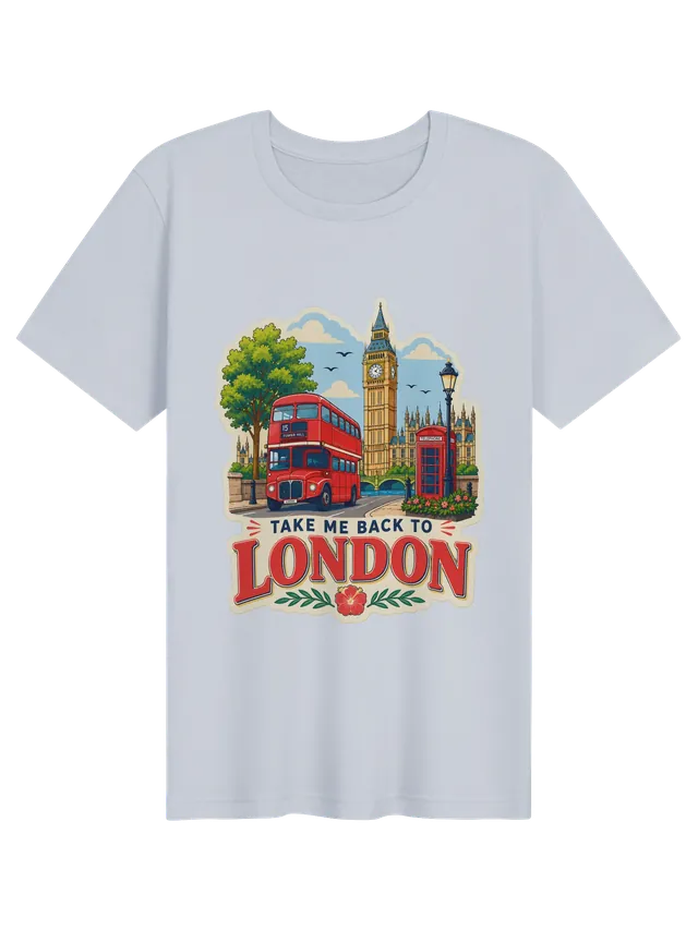 Take Me Back To London t-shirt with Big Ben, a red double-decker bus and a red phone box, by LOLsies