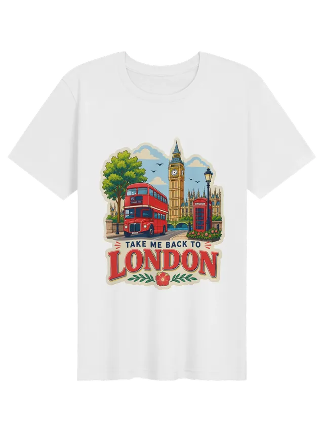 Take Me Back To London t-shirt with Big Ben, a red double-decker bus and a red phone box, by LOLsies