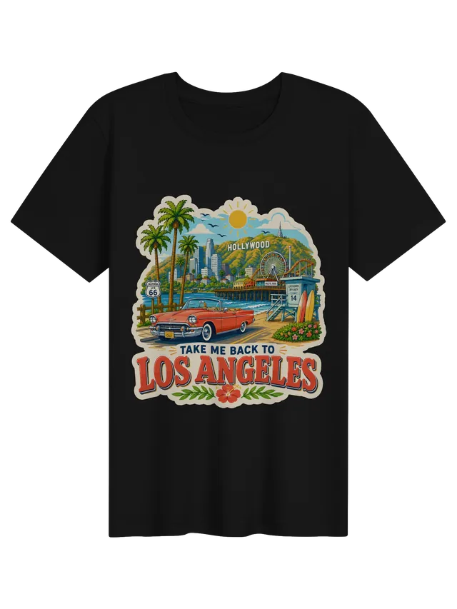 Take Me Back To Los Angeles t-shirt with palms, a pier Ferris wheel, a lifeguard tower and a convertible, by LOLsies