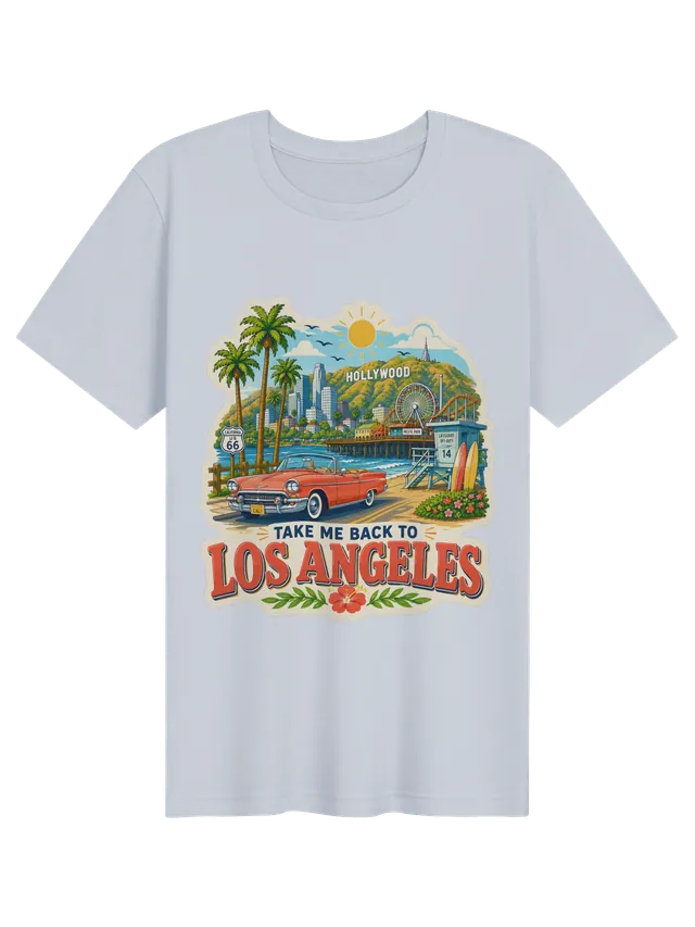 Take Me Back To Los Angeles t-shirt with palms, a pier Ferris wheel, a lifeguard tower and a convertible, by LOLsies