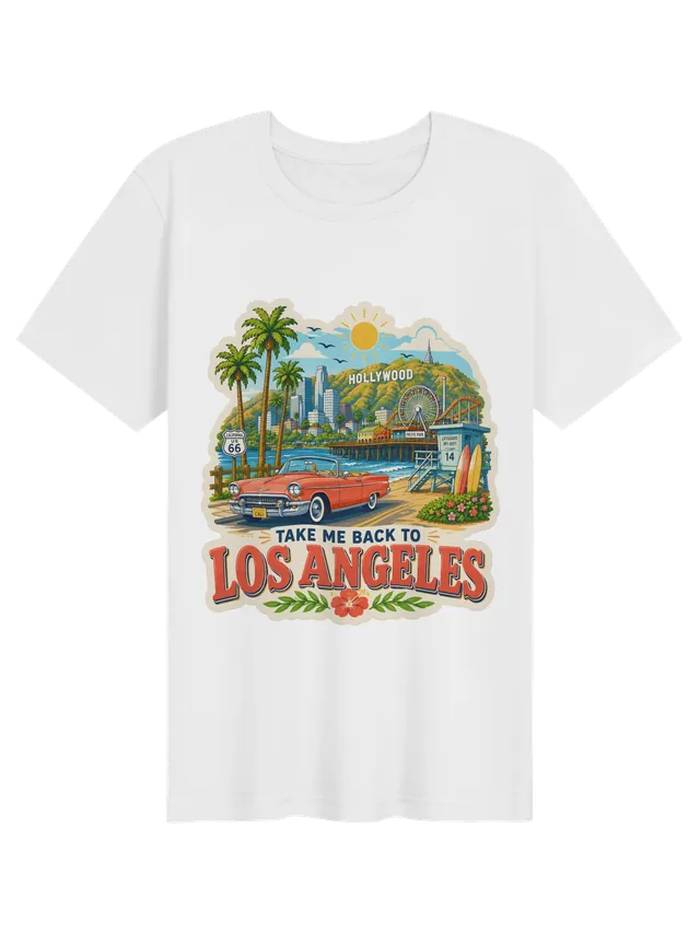 Take Me Back To Los Angeles t-shirt with palms, a pier Ferris wheel, a lifeguard tower and a convertible, by LOLsies