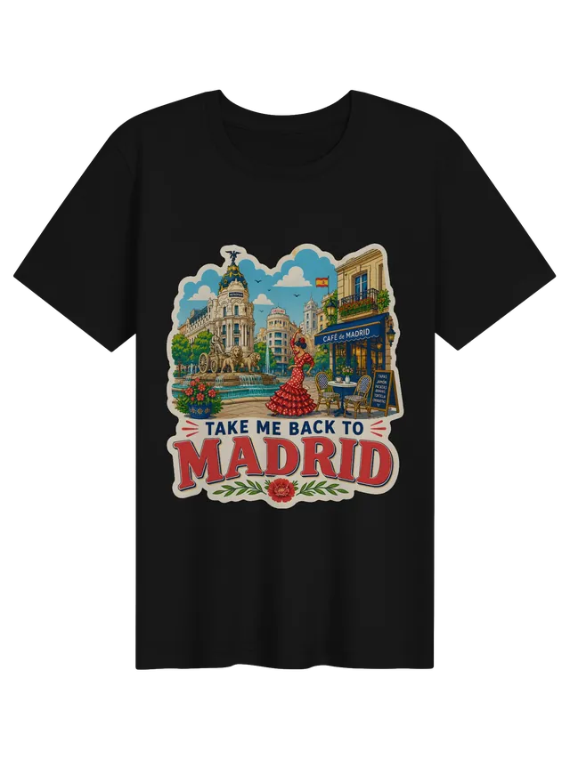 Take Me Back To Madrid t-shirt with the Cibeles fountain, a flamenco dancer and a tapas café terrace, by LOLsies