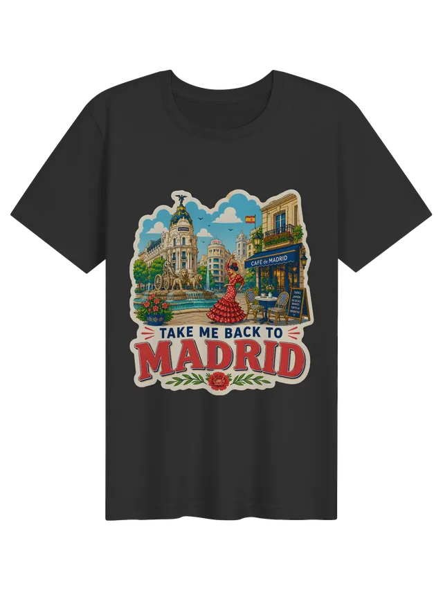 Take Me Back To Madrid t-shirt with the Cibeles fountain, a flamenco dancer and a tapas café terrace, by LOLsies