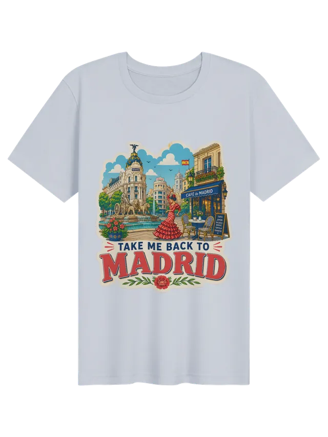 Take Me Back To Madrid t-shirt with the Cibeles fountain, a flamenco dancer and a tapas café terrace, by LOLsies