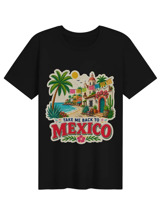 Take Me Back To Mexico t-shirt with papel picado, a colonial church, cactus and a turquoise beach cove, by LOLsies