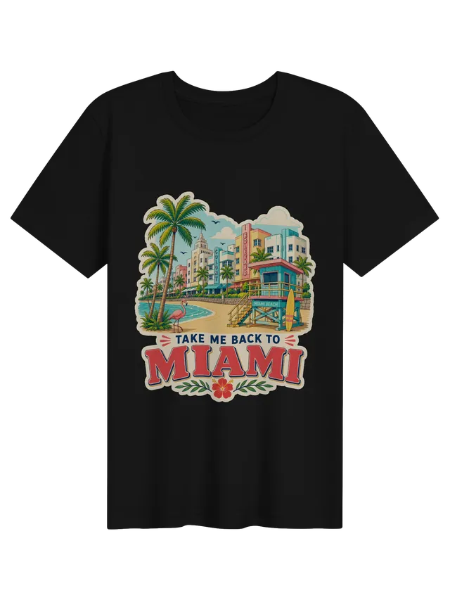 Take Me Back To Miami t-shirt with pastel Art Deco hotels, a Miami Beach lifeguard stand and a flamingo, by LOLsies