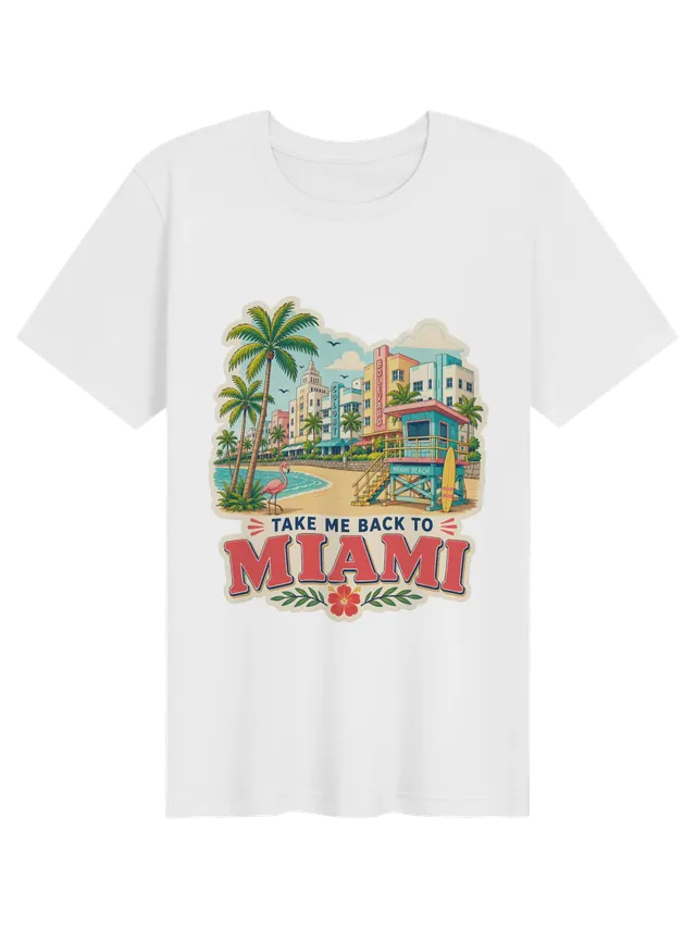 Take Me Back To Miami t-shirt with pastel Art Deco hotels, a Miami Beach lifeguard stand and a flamingo, by LOLsies