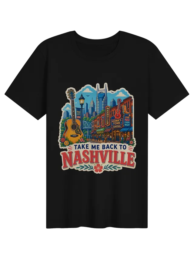 Take Me Back To Nashville t-shirt with neon honky-tonk signs, a guitar, Broadway crowds and the skyline, by LOLsies