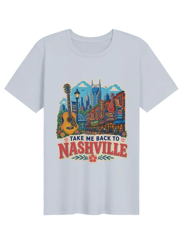 Take Me Back To Nashville t-shirt with neon honky-tonk signs, a guitar, Broadway crowds and the skyline, by LOLsies