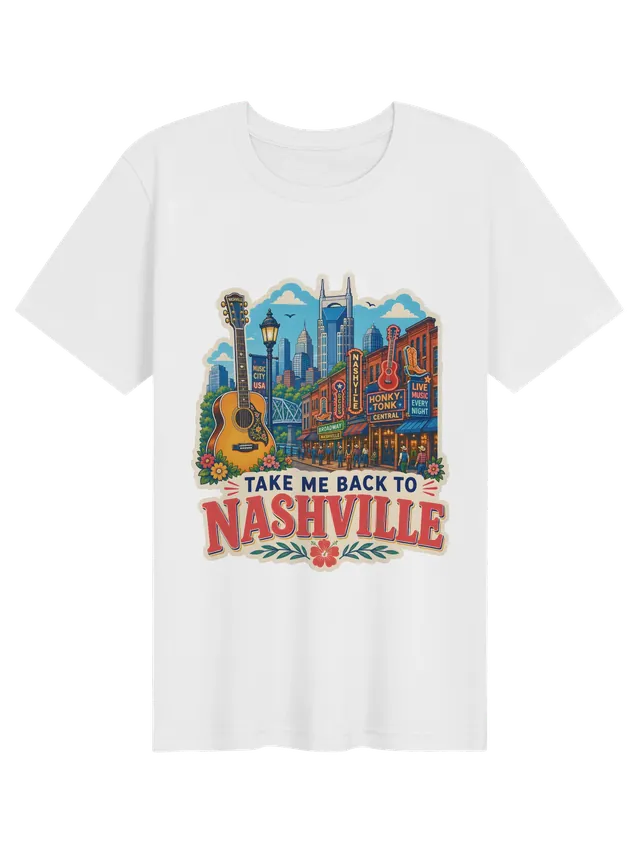 Take Me Back To Nashville t-shirt with neon honky-tonk signs, a guitar, Broadway crowds and the skyline, by LOLsies