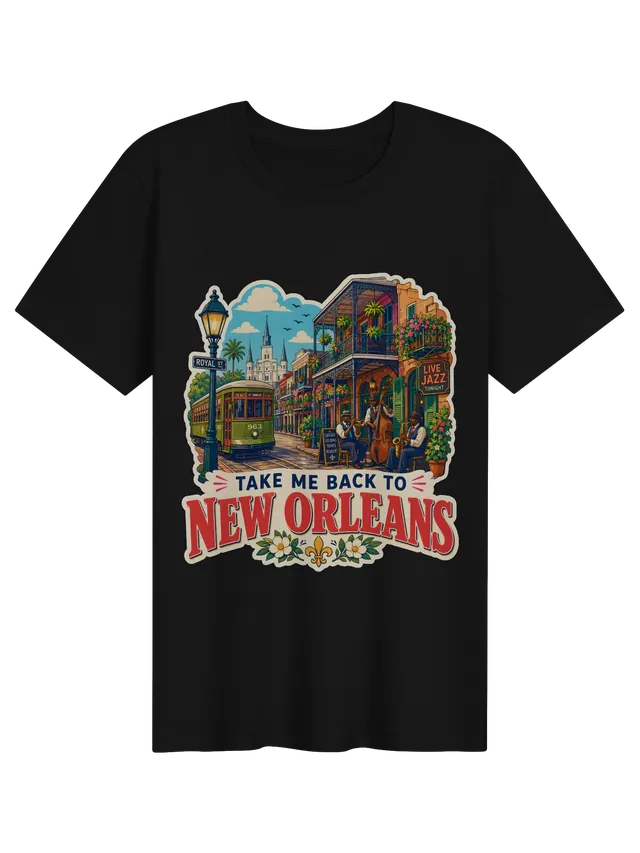 Take Me Back To New Orleans t-shirt with a streetcar, iron-lace balconies, a jazz trio and the cathedral, by LOLsies