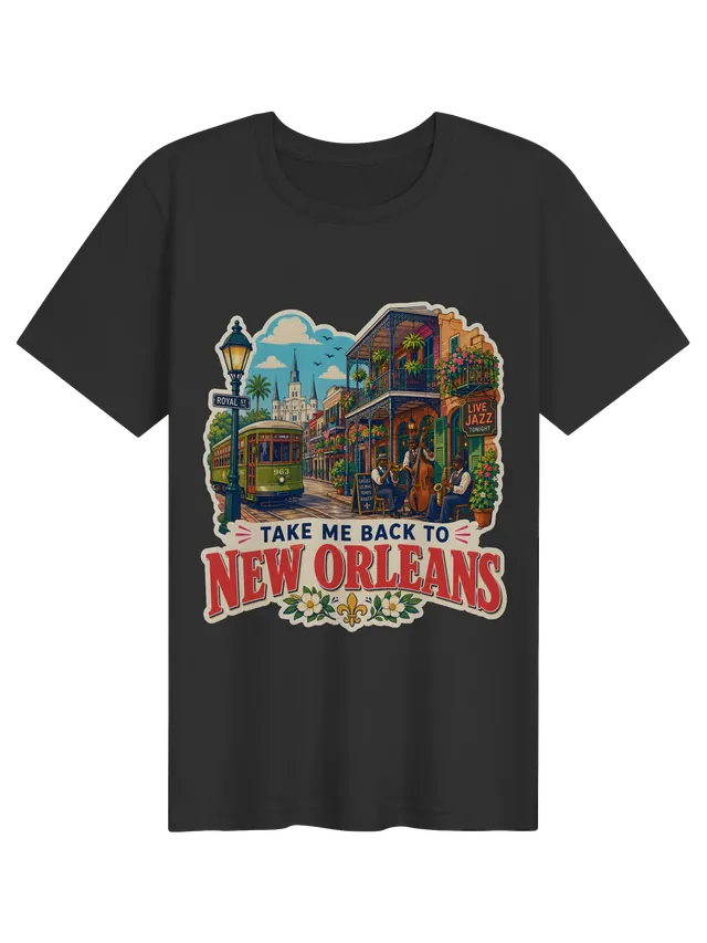 Take Me Back To New Orleans t-shirt with a streetcar, iron-lace balconies, a jazz trio and the cathedral, by LOLsies