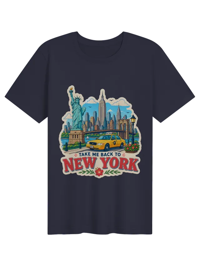 Take Me Back To New York t-shirt with the Statue of Liberty, the Brooklyn Bridge, skyline and a yellow cab, by LOLsies