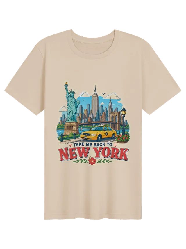 Take Me Back To New York t-shirt with the Statue of Liberty, the Brooklyn Bridge, skyline and a yellow cab, by LOLsies