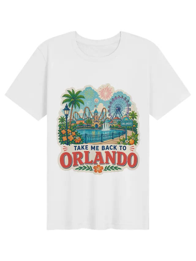 Take Me Back To Orlando t-shirt with roller coasters, fireworks, an observation wheel and oranges, by LOLsies