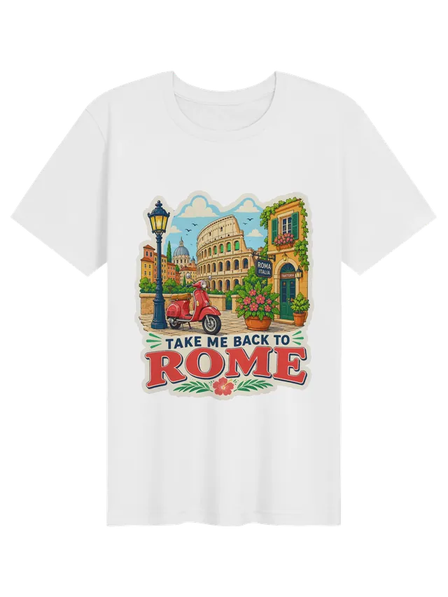 Take Me Back To Rome t-shirt with the Colosseum, a red vintage scooter and a trattoria doorway, by LOLsies