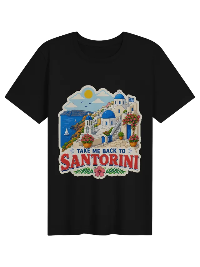 Take Me Back To Santorini t-shirt with blue-domed churches, whitewashed stairs and caldera sailboats, by LOLsies