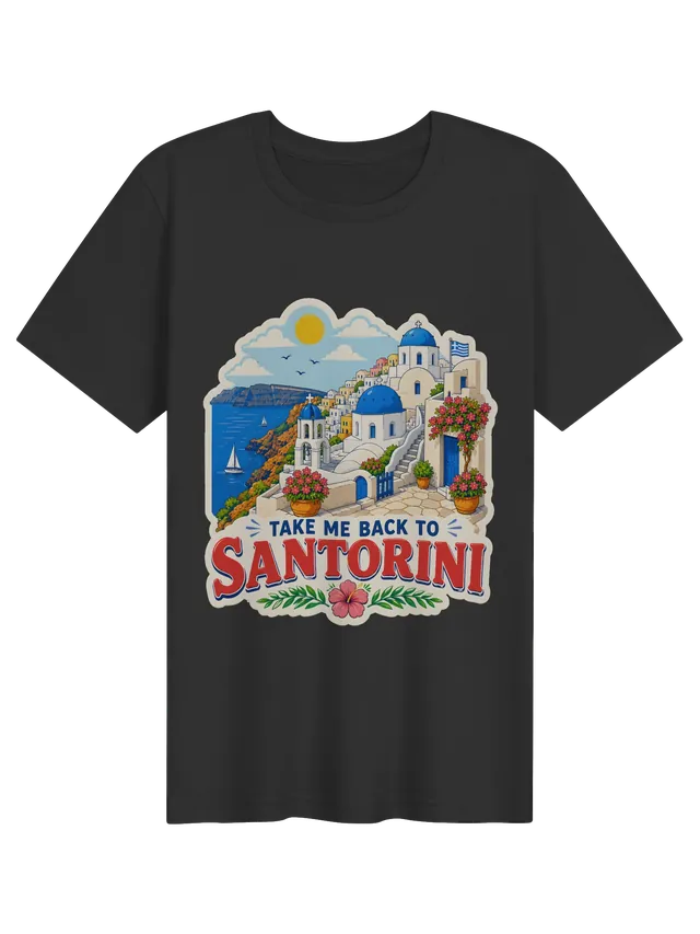 Take Me Back To Santorini t-shirt with blue-domed churches, whitewashed stairs and caldera sailboats, by LOLsies