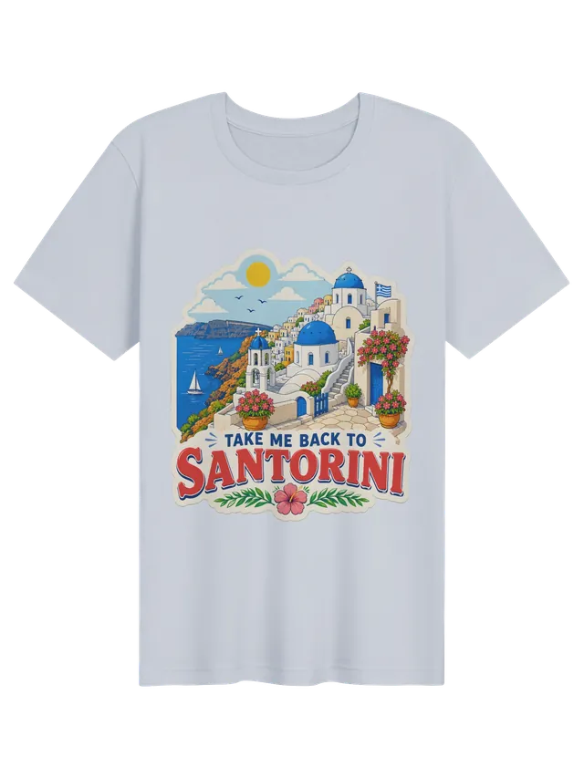 Take Me Back To Santorini t-shirt with blue-domed churches, whitewashed stairs and caldera sailboats, by LOLsies