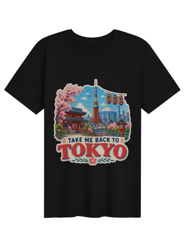 Take Me Back To Tokyo t-shirt with cherry blossoms, a red lantern gate, a lattice tower and Mount Fuji, by LOLsies