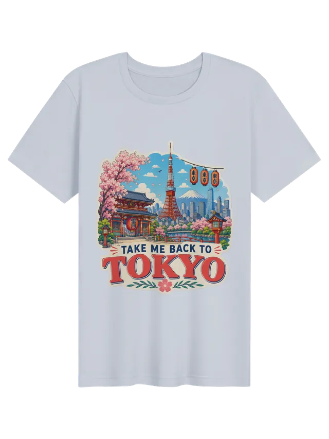 Take Me Back To Tokyo t-shirt with cherry blossoms, a red lantern gate, a lattice tower and Mount Fuji, by LOLsies