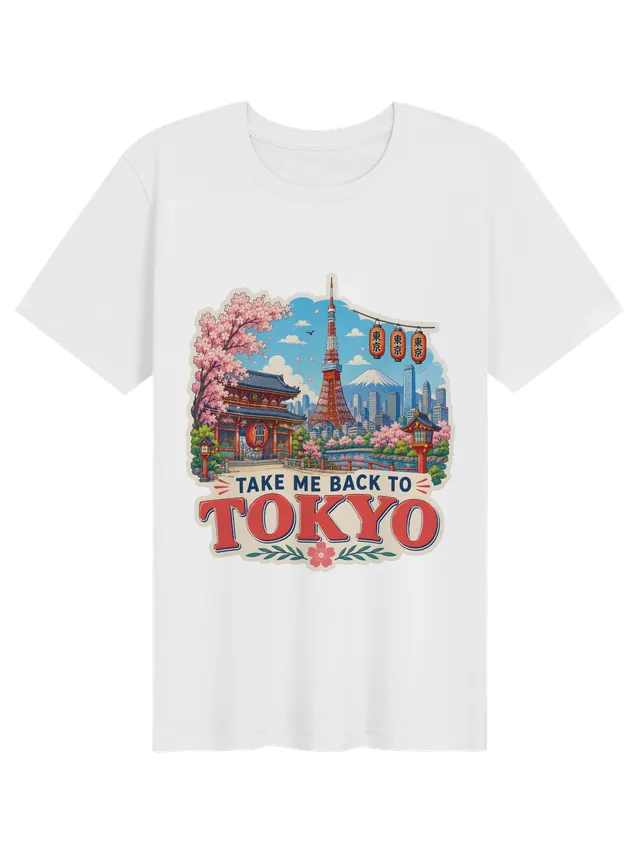 Take Me Back To Tokyo t-shirt with cherry blossoms, a red lantern gate, a lattice tower and Mount Fuji, by LOLsies