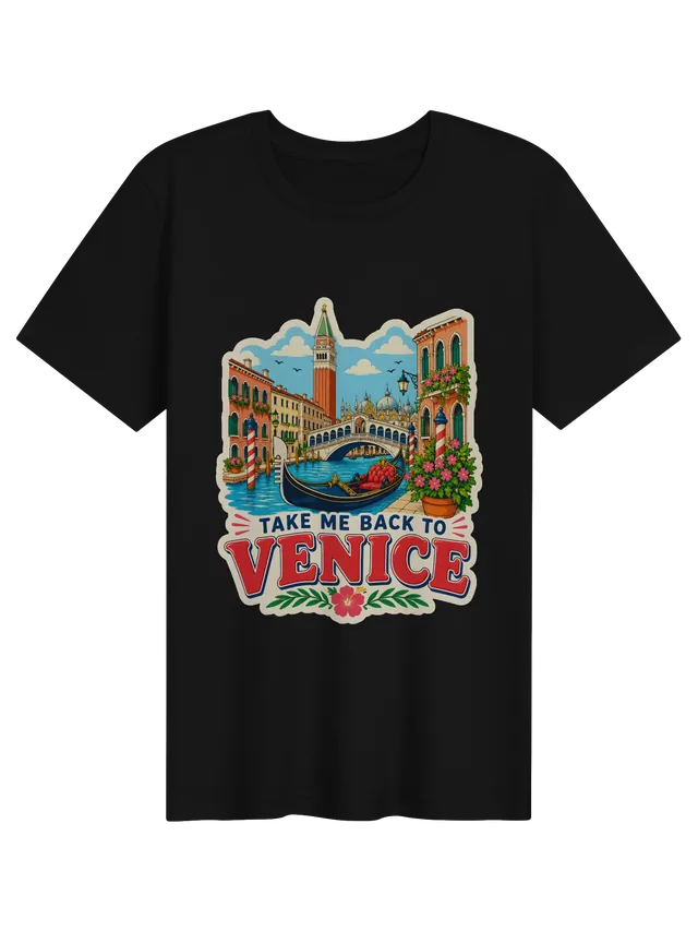 Take Me Back To Venice t-shirt with a gondola, the Rialto Bridge, striped mooring poles and a bell tower, by LOLsies