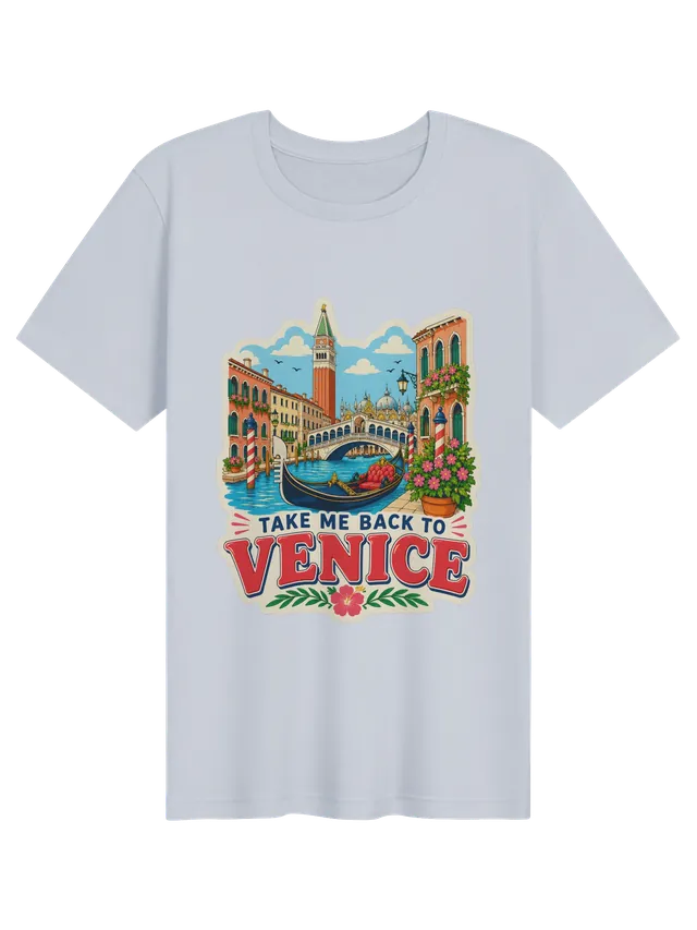 Take Me Back To Venice t-shirt with a gondola, the Rialto Bridge, striped mooring poles and a bell tower, by LOLsies
