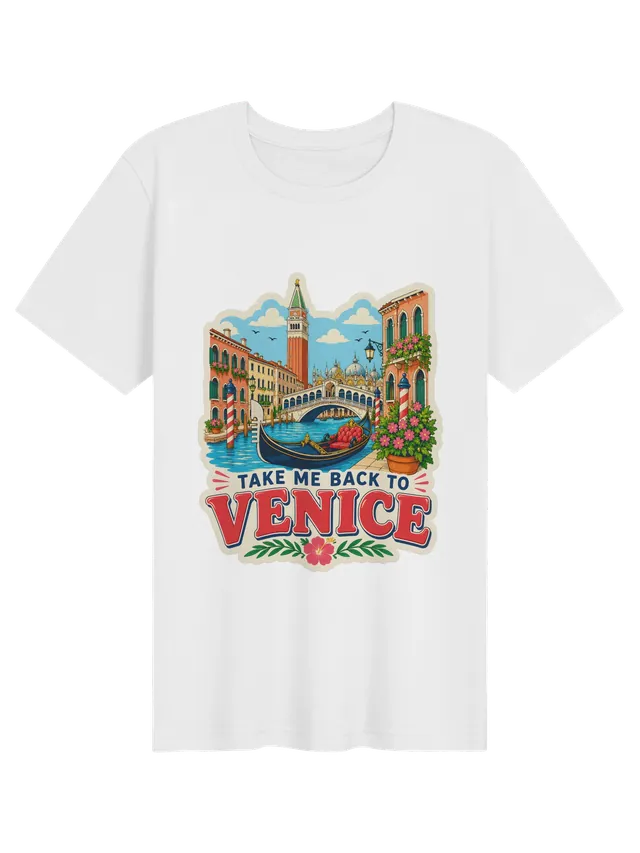 Take Me Back To Venice t-shirt with a gondola, the Rialto Bridge, striped mooring poles and a bell tower, by LOLsies