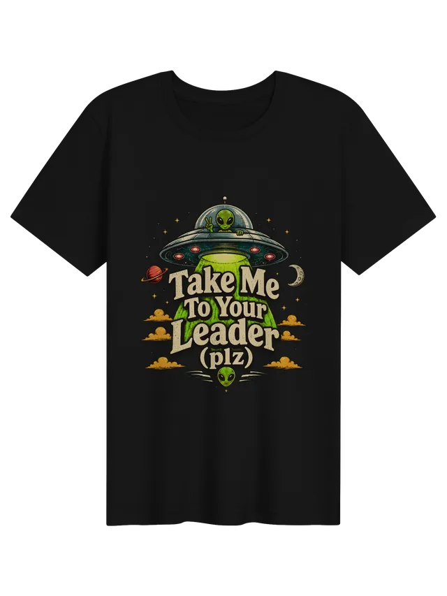 Take Me To Your Leader (plz) tee in black with a peace-sign alien in a flying saucer, by LOLsies