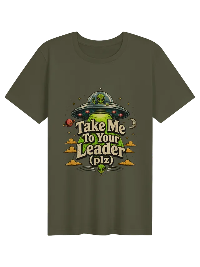 Take Me To Your Leader (plz) tee in black with a peace-sign alien in a flying saucer, by LOLsies