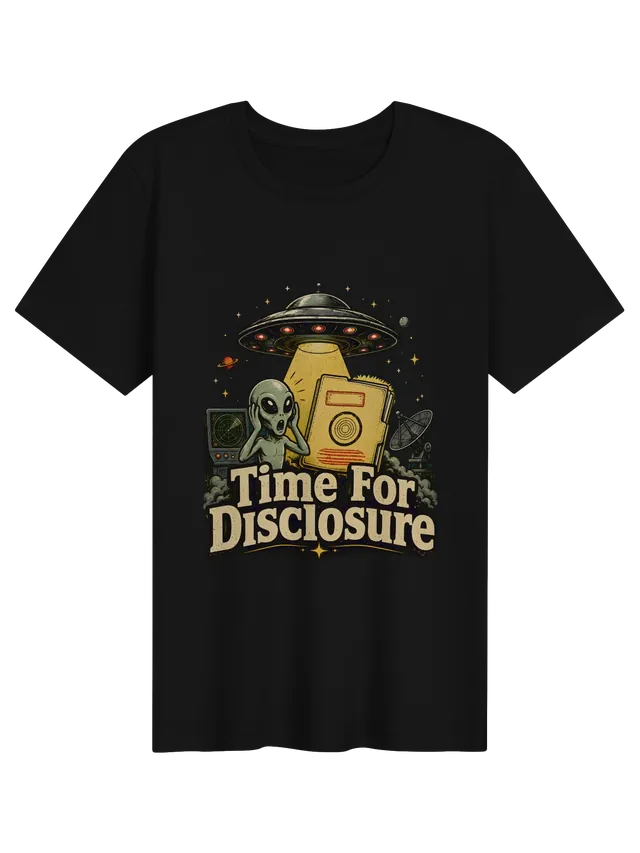 Time For Disclosure tee in black with a shocked gray alien beside a glowing case file and radar, by LOLsies