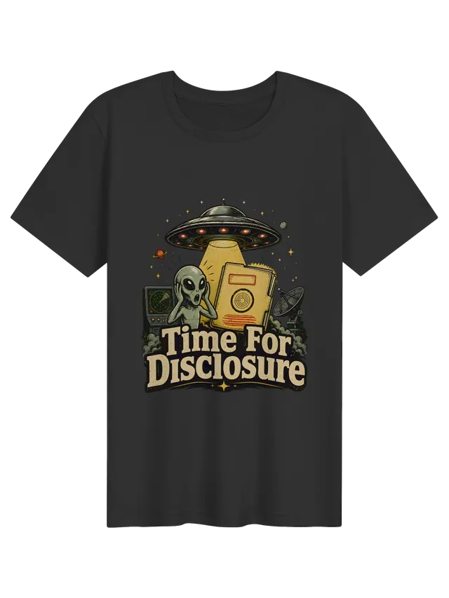 Time For Disclosure tee in black with a shocked gray alien beside a glowing case file and radar, by LOLsies