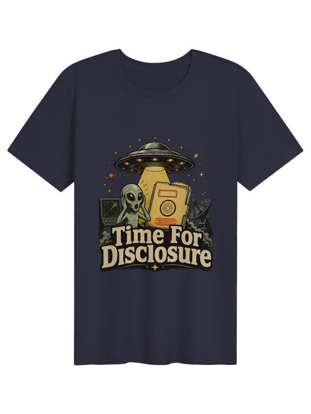 Time For Disclosure tee in black with a shocked gray alien beside a glowing case file and radar, by LOLsies