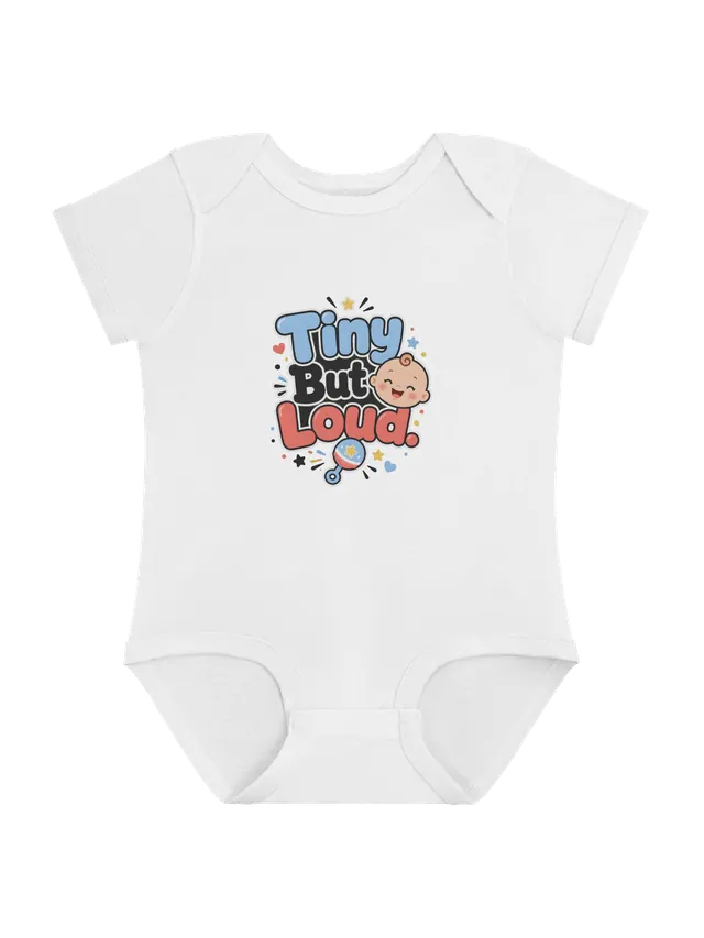 Tiny But Loud baby bodysuit in white with a laughing baby and a star-topped rattle, by LOLsies