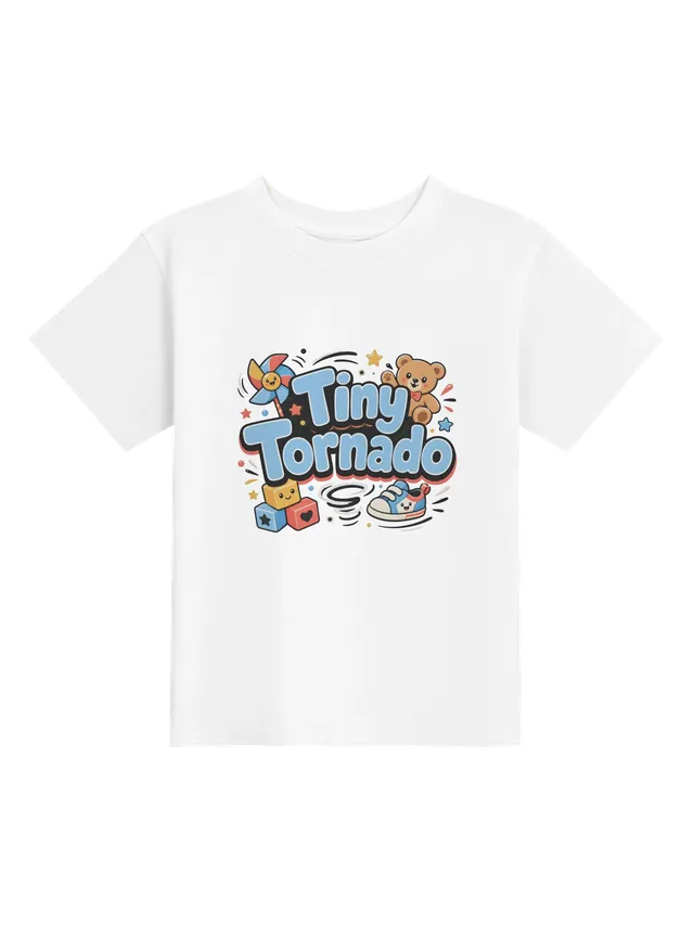Tiny Tornado toddler tee in white with a pinwheel, a teddy bear, toy blocks, and a spinning sneaker, by LOLsies
