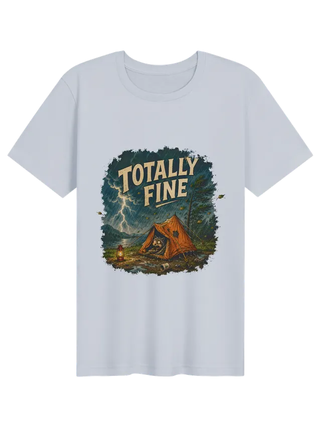 Totally Fine funny camping t-shirt in white with a startled raccoon in a torn tent during a lightning storm, by LOLsies